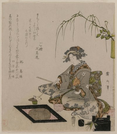 Mulher realizando a cerimônia do chá, ca 1820. de Kikukawa Eizan