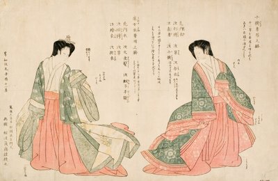 Mulheres vestindo dois trajes da corte, 1801 (xilogravura) de Kikukawa Eizan
