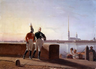 O czar russo Alexandre I (1777-1825) e seu irmão Constantino à beira do Neva Pintura de Kil (século 19) Museu Hermitage, São Petersburgo de Kil