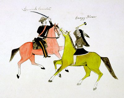 Conflito entre o general George Custer 1839-1876 e o Crazy Horse, indiano de Sioux Dakota. de Kills Two