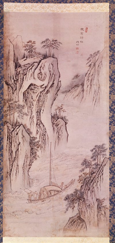 Art coreen: o regresso de Mu-i. Coreen paisagem com barco e penhasco íngreme. Impressão de Kim Hong do ou Danwon (1745-ca. 1806). 1760. Colecção Hyung Pil Chun. de Kim Hong Do