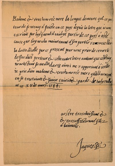 Carta do rei James VI 1566-1625 a sua mãe, rainha Mary 1542-1587, 1584-5 de King James I