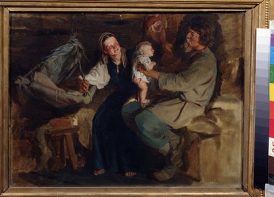 Alegria dos pais. Num interior modesto, um casal de camponeses, o pai sentado, segurando o seu bebé meio nu, equilibrando-se no colo, ao lado deles, a mãe sorri e segura o berço suspenso. Pintura por Kirill (Karl) Vikentlevic de Kirill Vikentievich Lemoch