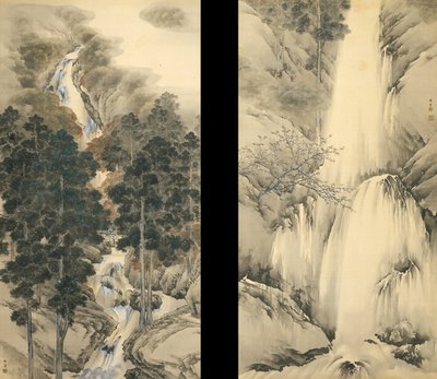 Cachoeira na primavera e no outono Conjunto de dois pergaminhos pendurados, 1893 de Kishi Chikudo