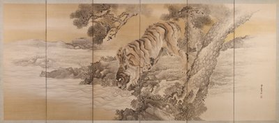 Tela sextuplicada retratando um tigre bebedor, 1749-1838 de Kishi Ganku