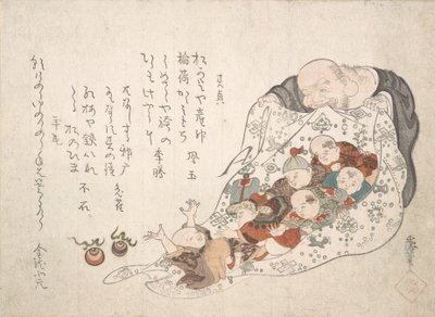 Hotei Abrindo Sua Mala que Está Cheia de Meninos Pequenos, ca. início do século 19. de Kita Busei