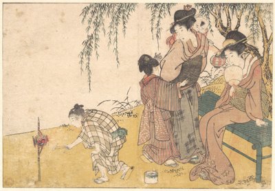 «Uma criança a acender fogos de artifício», do livro ilustrado «Flores das Quatro Estações» de Kitagawa Utamaro