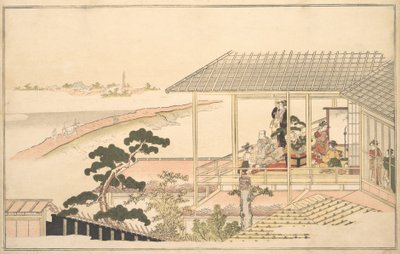 Uma Festa de Felizadores numa Casa em Yoshiwara, numa Noite de Luar, 1789. de Kitagawa Utamaro