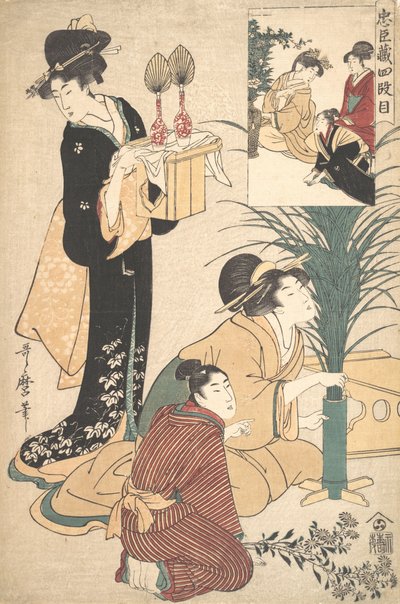 Uma mulher e um homem arranjando flores para o Festival da Lua Tsukimi, 1802. de Kitagawa Utamaro