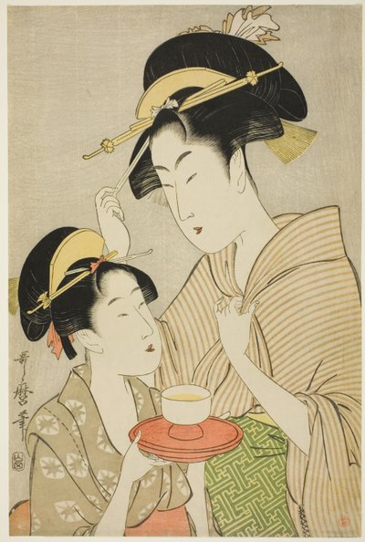 Uma jovem oferecendo chá para outra mulher de Kitagawa Utamaro