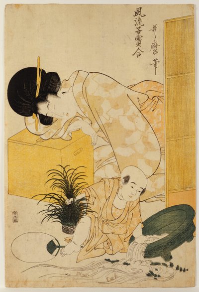 Uma mãe cochilando enquanto seu filho tomba um aquário, da série "Comparação de crianças na moda" de Kitagawa Utamaro