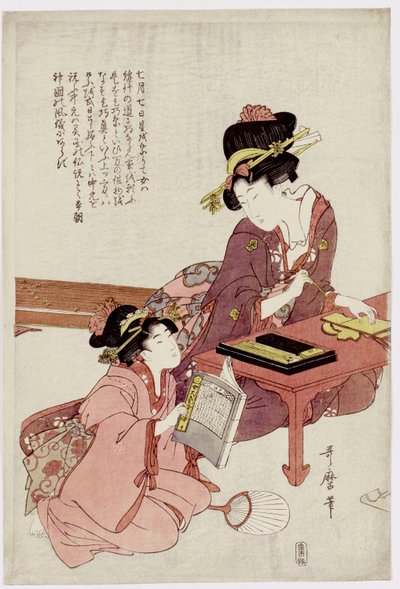 Uma jovem sentada em uma mesa, escrevendo, uma garota com um livro olha de Kitagawa Utamaro