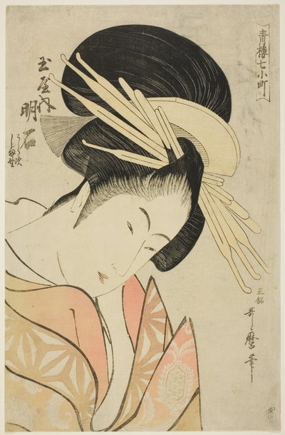 Akashi do Tamaya, da série Sete Komachis de Yoshiwara (Seiro nana Komachi) (Tamaya uchi Akashi, Uraji, Shimano), c.1794-95 (xilogravura a cores; oban) de Kitagawa Utamaro
