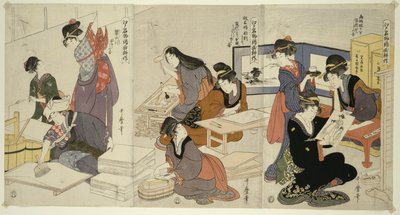 Artista, Block Carver, Aplicando Dimensionamento, da série O Cultivo de Gravuras de Brocado, Um Produto Famoso de Edo, c.1803 de Kitagawa Utamaro