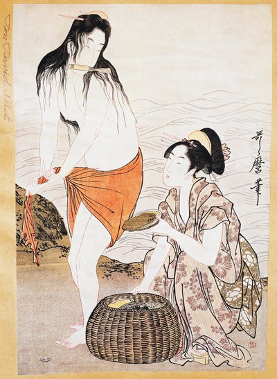 Awabi (moluscos) pescadores na água, estampa ukiyo-e de Kitagawa Utamaro (1753-1806), xilogravura, civilização japonesa, período Edo de Kitagawa Utamaro