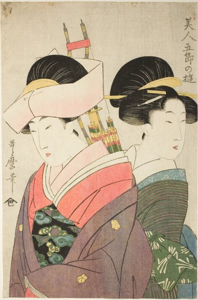Bela e Atendente no Dia de Ano Novo, da série “Prazeres para Belezas nos Cinco Dias do Festival” (“Bijin gosetsu no asobi”) de Kitagawa Utamaro