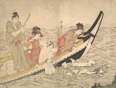 Festa de barco com crianças nadando, final do século XVIII. de Kitagawa Utamaro