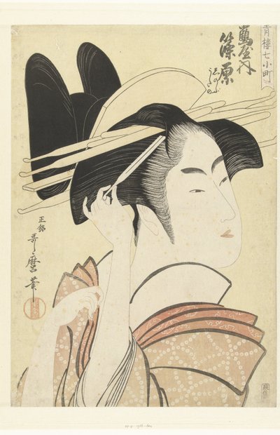 Retrato do busto da cortesã Shinowara da casa Tsuruya. Tsuruya uchi Shinowara (título no objeto) Os sete Komachi das casas de prazer (título da série) Seiro nana Komachi (título da série no objeto) de Kitagawa Utamaro