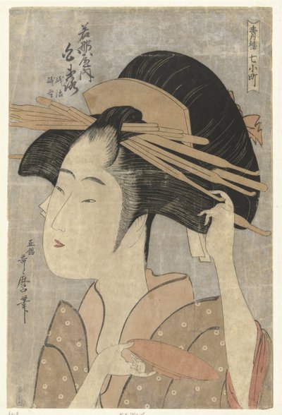 Retrato busto da cortesã Shiratsuya da casa de Wakanaya.
Wakanaya uchi Shiratsuya (título sobre o objecto)
Os sete Komachi das casas de prazer (título da série)
Seiro nana Komachi (título da série sobre o objecto) de Kitagawa Utamaro
