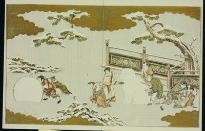 Crianças fazendo um shishi na neve e rolando uma bola de neve, do "The Silver World" de Kitagawa Utamaro