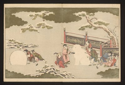 Rapazes chineses a brincar na neve de Kitagawa Utamaro