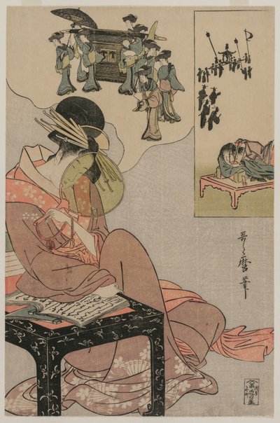 Cortesã sonhando com uma procissão de casamento, finais da década de 1790 (xilogravura a cores) de Kitagawa Utamaro