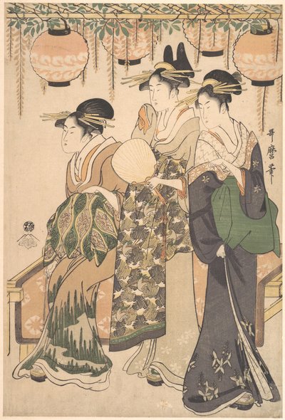 Cortesãs sob uma pérgola de glicínias de Kitagawa Utamaro