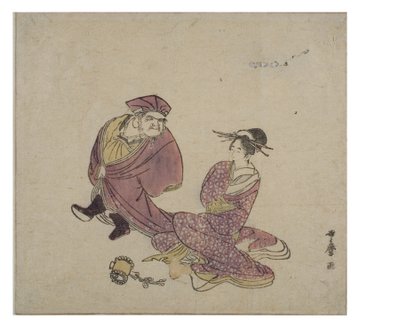 Daikoku (em pé) conversando com uma senhora sentada, c.1758-1806 (xilogravura sobre papel) de Kitagawa Utamaro