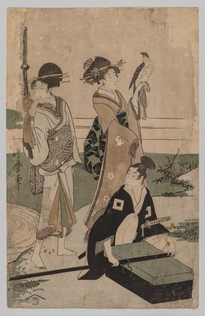 Daimyō e seu séquito cruzando um riacho na planície perto de Fuji de Kitagawa Utamaro