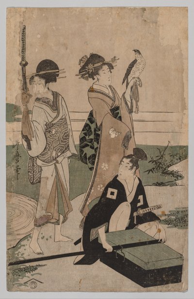 Daimyō e seu séquito cruzando um riacho na planície perto de Fuji de Kitagawa Utamaro
