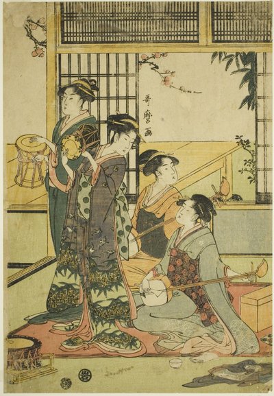 Tambores e Shamisen (xilogravura a cores; aiban) de Kitagawa Utamaro