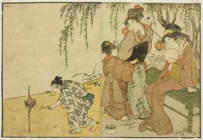 Apreciando Fogos de Artifício, do livro ilustrado "Livro de Imagens: Flores das Quatro Estações (Ehon shiki no hana)", vol. 1 de Kitagawa Utamaro