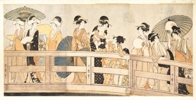 A desfrutar da brisa fresca do fim de tarde em cima e debaixo da ponte de Kitagawa Utamaro