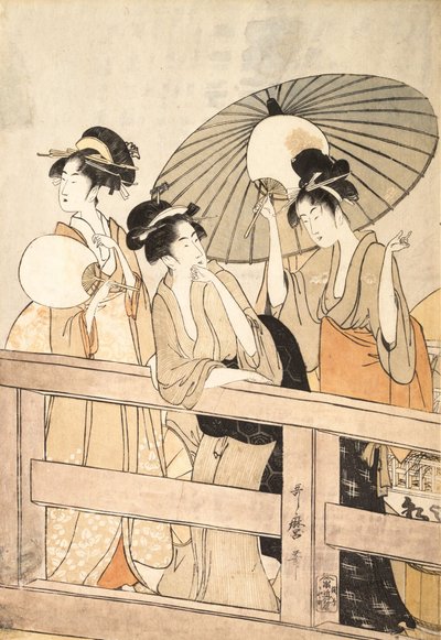 Desfrutando do Cool Evening Breeze on and under the Bridge, ca. 1800. de Kitagawa Utamaro