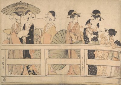 Desfrutando do Cool Evening Breeze na... a Ponte, ca. 1800. de Kitagawa Utamaro