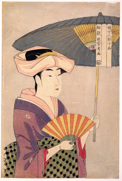 Femme tenant un parasol - Woman Holding Up a Parasol, da série Ten Types in the Physiognomic Study of Women par Utamaro, Kitagawa (1753-1806), c. 1793 - Color woodcut, 38,1x25,7 - Private Collection de Kitagawa Utamaro