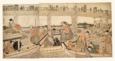 Barcos de pesca com redes sob a ponte Ryōgoku de Kitagawa Utamaro