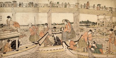 Barcos de pesca com redes sob a ponte Ryogoku, década de 1790. de Kitagawa Utamaro