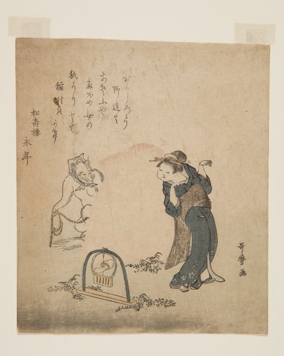 Fox Catching a Woman (impressão em bloco de madeira a cores) de Kitagawa Utamaro