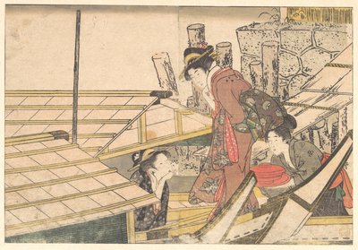 Raparigas a entrar num barco, do livro ilustrado Flores das Quatro Estações de Kitagawa Utamaro