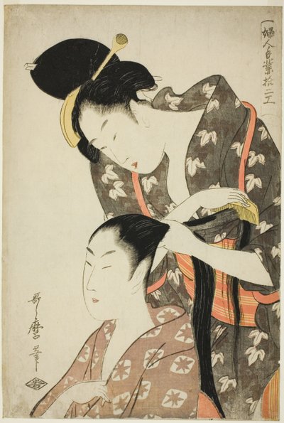 Cabeleireira, da série "Doze tipos de artesanato feminino (Fujin tewaza juni ko)" de Kitagawa Utamaro