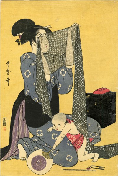 Costura Hari-shigoto. Tríptico, parte esquerda, 1795. de Kitagawa Utamaro
