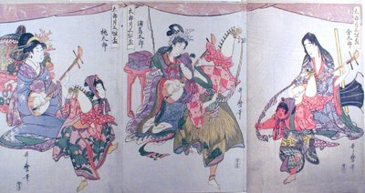 Kintaro, Urashimataro e Momotaro, do tríptico "Conjunto de três copos de saqué para o primeiro mês (Tarozuki mitsugumi sakazuki)" de Kitagawa Utamaro