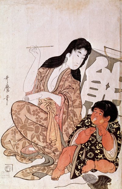 Calígrafo Kintaro e Yamauba, série: Yamauba e Kintaro impressão japonesa de Utamaro Kitagawa (1753-1806). Sol. 0,38x0,26 m. 1790-1806. Paris, Museu Guimet, Museu Nacional de Artes Asiáticas. de Kitagawa Utamaro