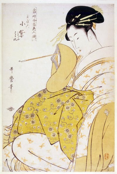 Komurasaki de la maison de the Tamaya - Komurasaki do Tamaya par Utamaro, Kitagawa (1753-1806), ca 1794 - Lenha colorida, 38,4x25,2 - Coleção Particular de Kitagawa Utamaro