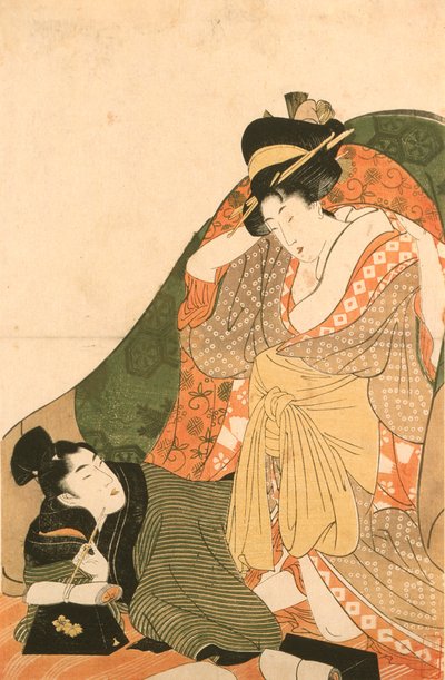 Amantes sob um futon; imagem de abertura de uma série erótica de Kitagawa Utamaro