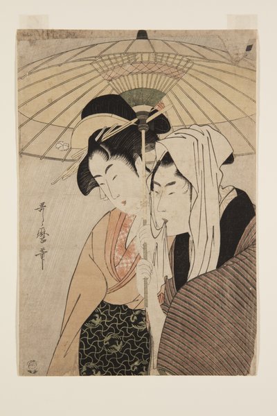 Homem e Mulher Sob um Guarda-chuva (impressão em bloco de madeira a cores) de Kitagawa Utamaro