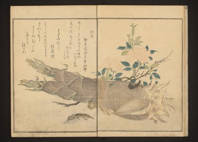 Grilo de toupeira e tesourinha em broto de bambu de Kitagawa Utamaro