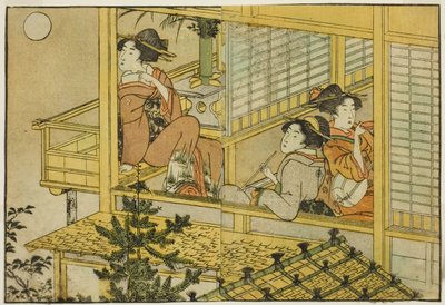 Moon-Viewing Party, do livro ilustrado "Livro de Imagens: Flores das Quatro Estações (Ehon shiki no hana)", vol. 2 de Kitagawa Utamaro