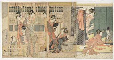 Partida matinal nos alojamentos temporários do bairro do prazer, 1801 de Kitagawa Utamaro